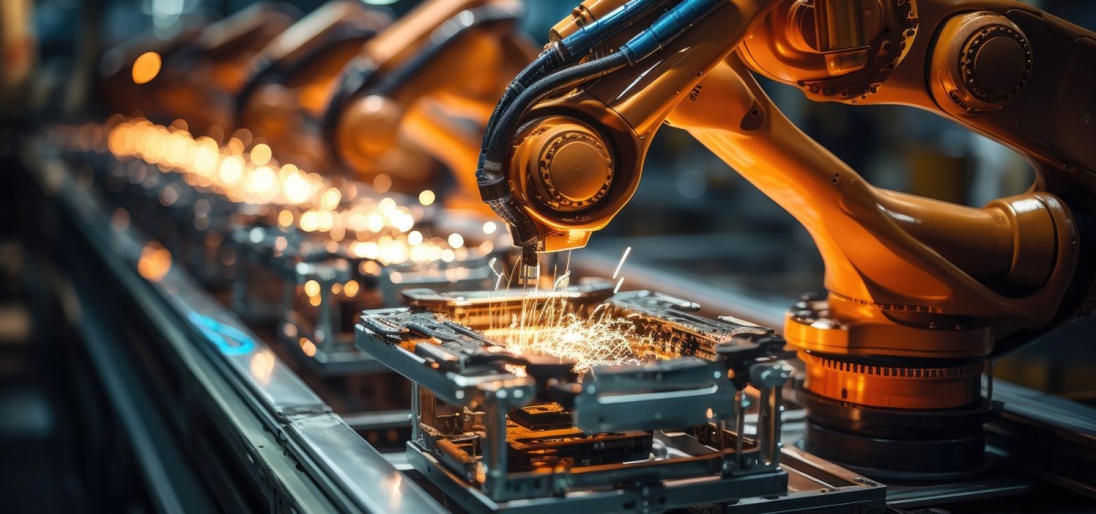 Robotic arm for electronic assembly line. Smart modern factory automation using advanced machines. Generative AI