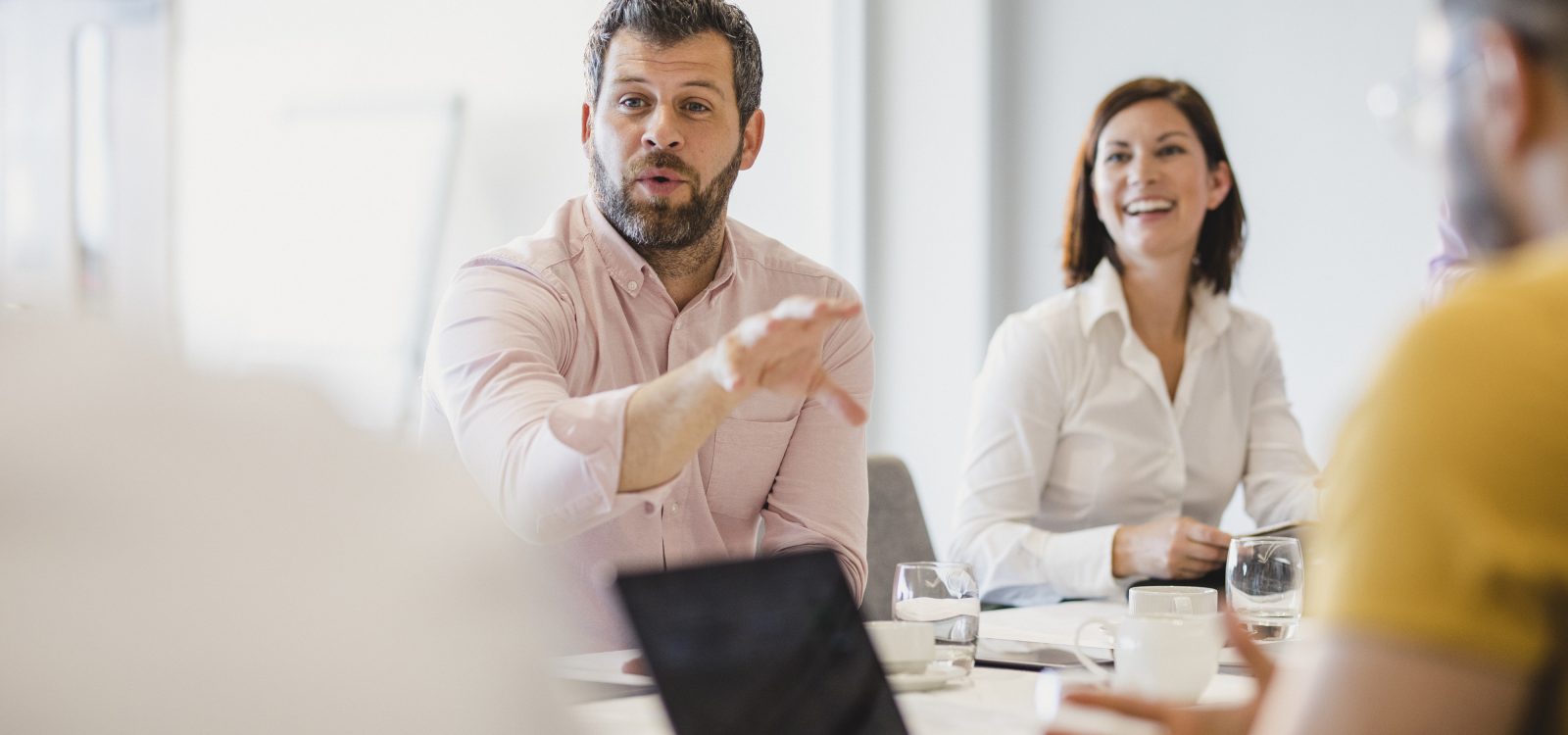 Businessman with beard explaining in meeting with colleagues
