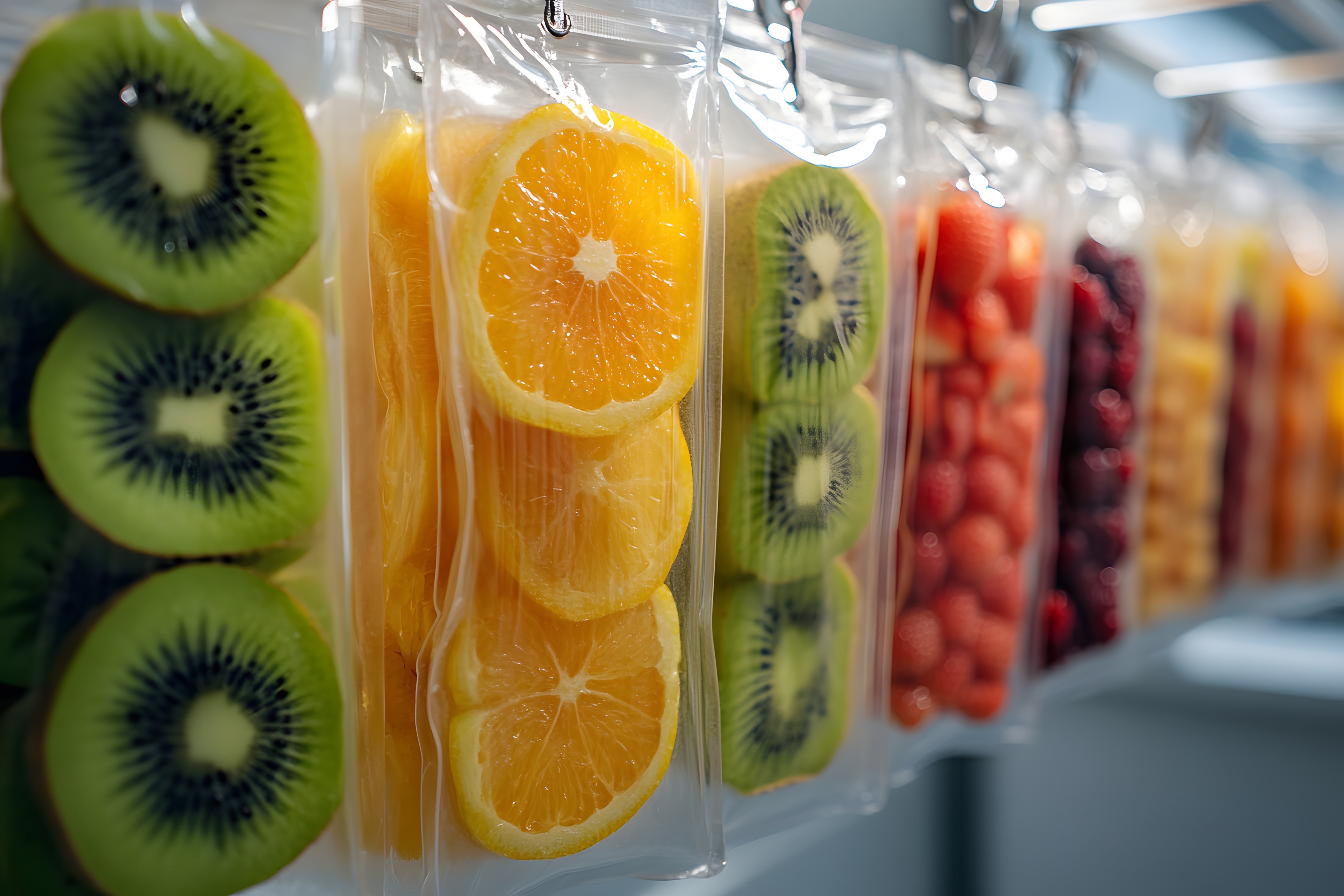sliced fruits in clear plastic packaging.